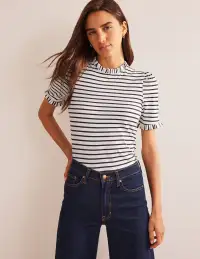 Supersoft Frill Detail T-shirt-Ivory. Navy Stripe