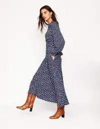 Ivy Smocked Midi Dress-College Navy. Abstract Dot