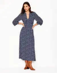 Ivy Smocked Midi Dress-College Navy. Abstract Dot(Petite,2)