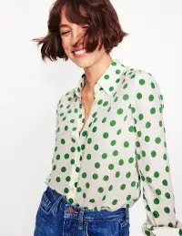 Sienna Silk Shirt-Ivory. Green Abstract Dot