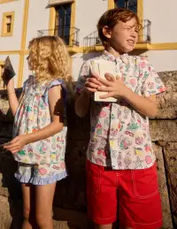 Cotton Linen Shirt-Ivory Holiday Print(2-3y)