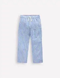 Cotton Linen Pull-On Pants-Blue Ticking
