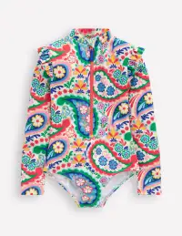 Frill Long Sleeved Swimsuit-Ivory Paisley
