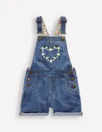 Heart Pocket Short Overalls-Vintage Embroidered Daisy