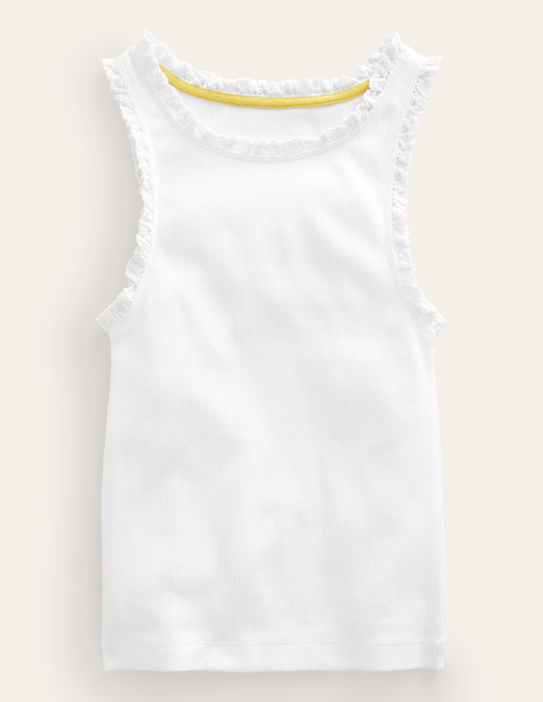 Ribbed Lace Trim Tank Top-White