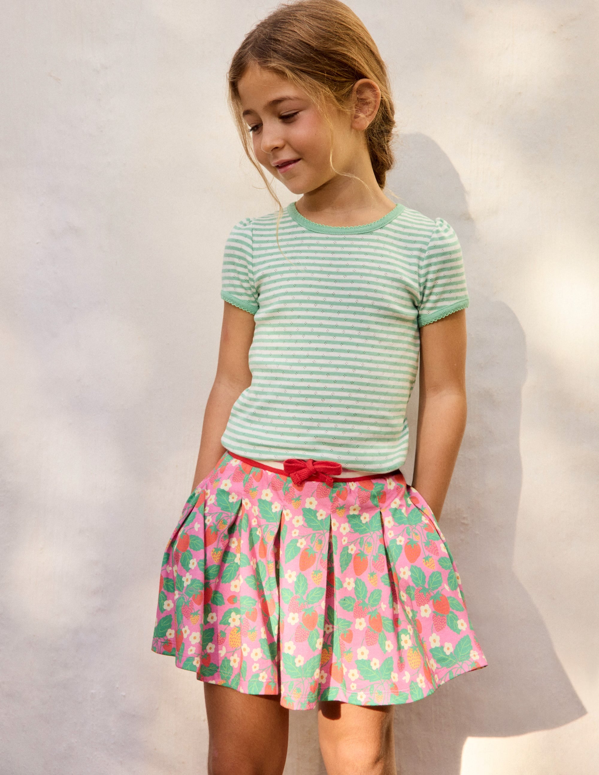 Pleated Jersey Skort-Cosmos Pink Strawberry Patch
