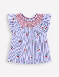 Woven Smocked Top-Blue Ticking Cherries