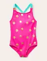 Cross-back Printed Swimsuit-Fuchsia Pink. Gold Foil Spot