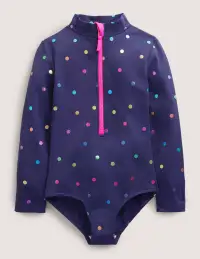 Long Sleeve Swimsuit-Navy Rainbow Confetti Spot