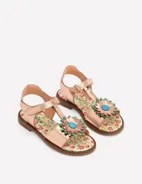 Fun Leather Sandals-Gold Metallic Flower
