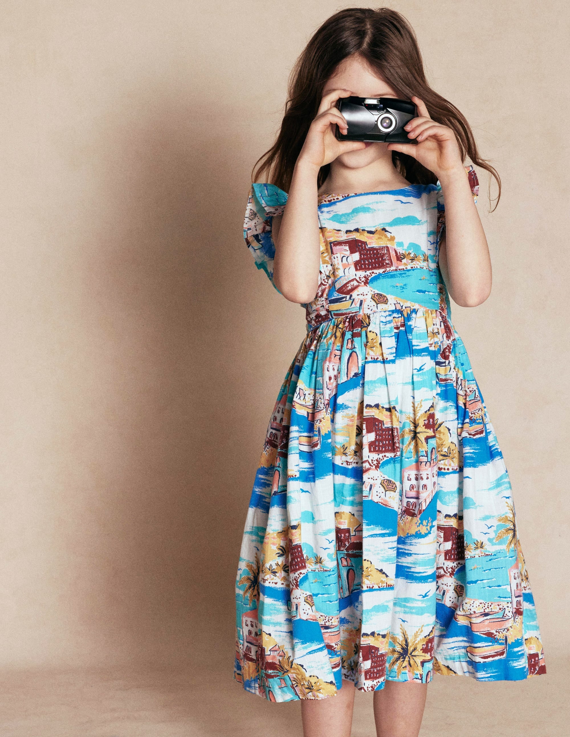Bow Back Midi Dress-Multi Coastal Scene