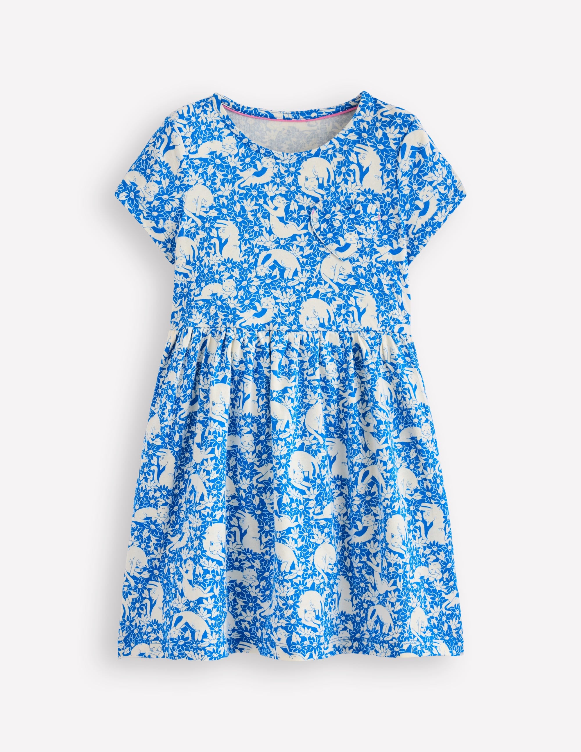 Heart Pocket Fun Jersey Dress-Kingfisher Blue Kitten Meadow