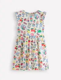Posie Frill Sleeve Dress-Ivory Holiday Print(2-3y)