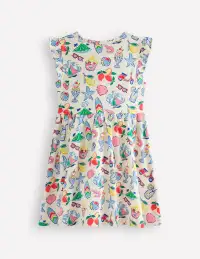 Posie Frill Sleeve Dress-Ivory Holiday Print(2-3y)