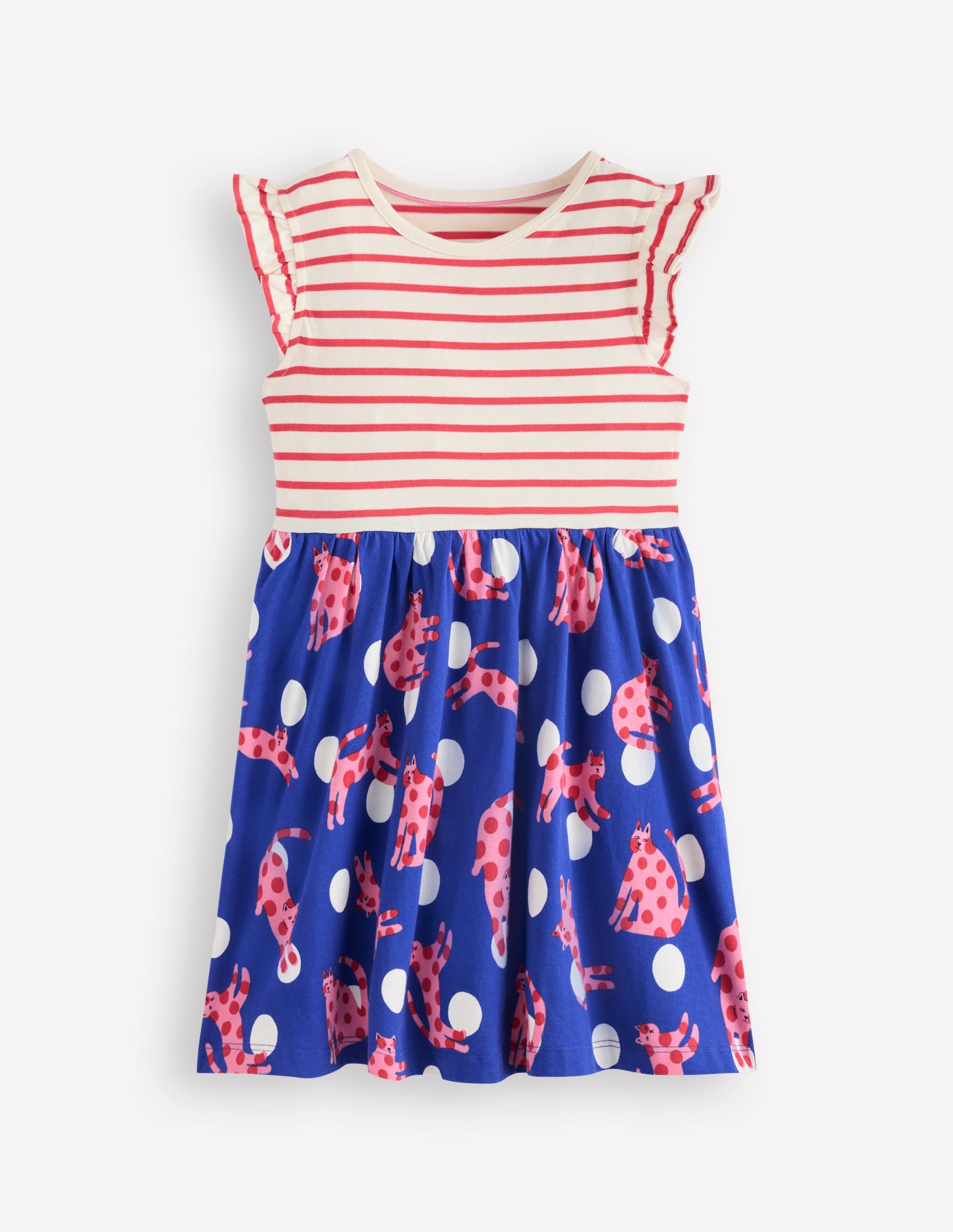 Posie Frill Sleeve Dress-Bright Blue Spotty Cats
