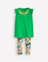 Frill Sleeve Tunic Set-Sapling Green Embroidery