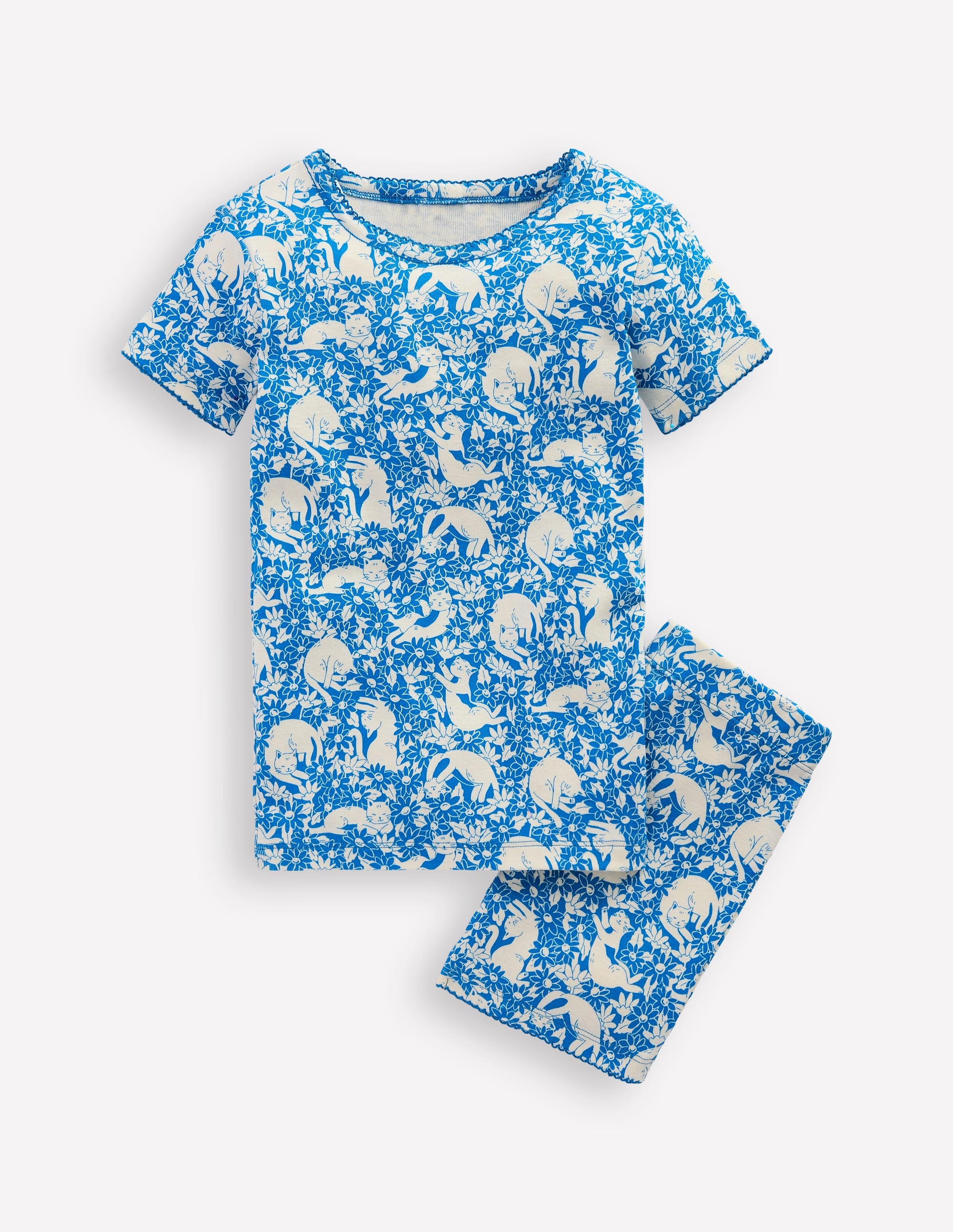 Snug Short John Pajamas-Kingfisher Blue Kitten Meadow