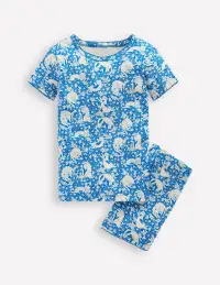 Snug Short John Pajamas-Kingfisher Blue Kitten Meadow