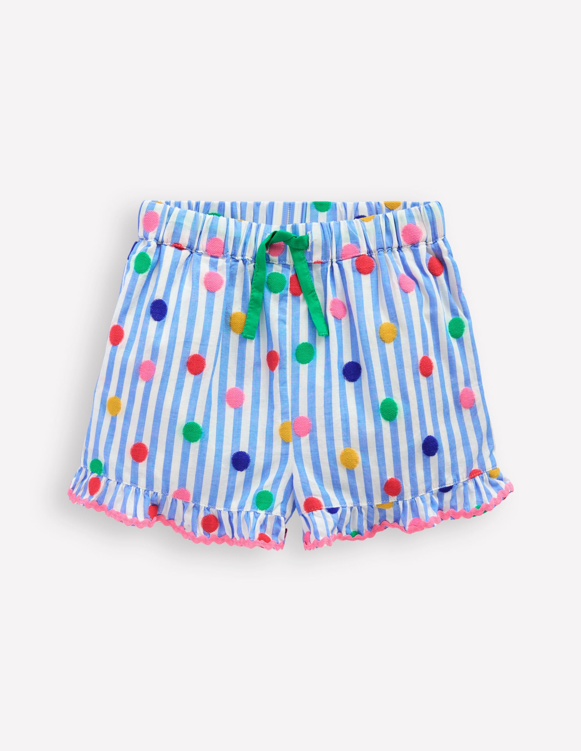 Juniper Woven Frill Shorts-Peacock Plume Blue Spot