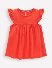 Frill Sleeve Pom Top-Coral Orange(2-3y)
