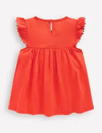 Frill Sleeve Pom Top-Coral Orange(2-3y)