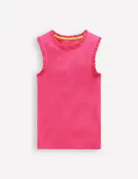 Ribbed Lace Trim Tank Top-Flamingo Pink