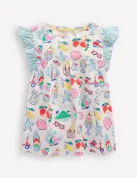 Frill Sleeve Woven Top-Ivory Holiday Print(2-3y)