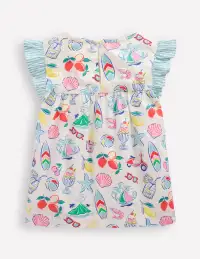 Frill Sleeve Woven Top-Ivory Holiday Print(2-3y)