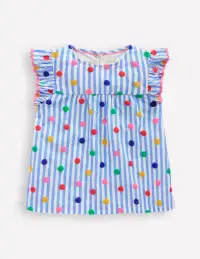 Frill Sleeve Woven Top-Peacock Plume Blue Spot