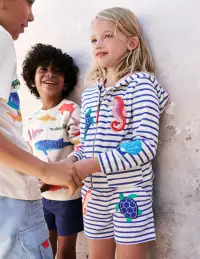 Zip-Through Towelling Hoodie-Ivory/Bright Blue Sea Stripe