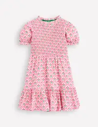 Aurora Shirred Twirly Dress-Pink Rose Woodblock Floral