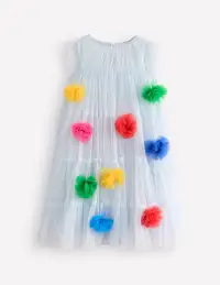 Rainbow Ombre Tulle Dress-Blue Multi Pom(2-3y)