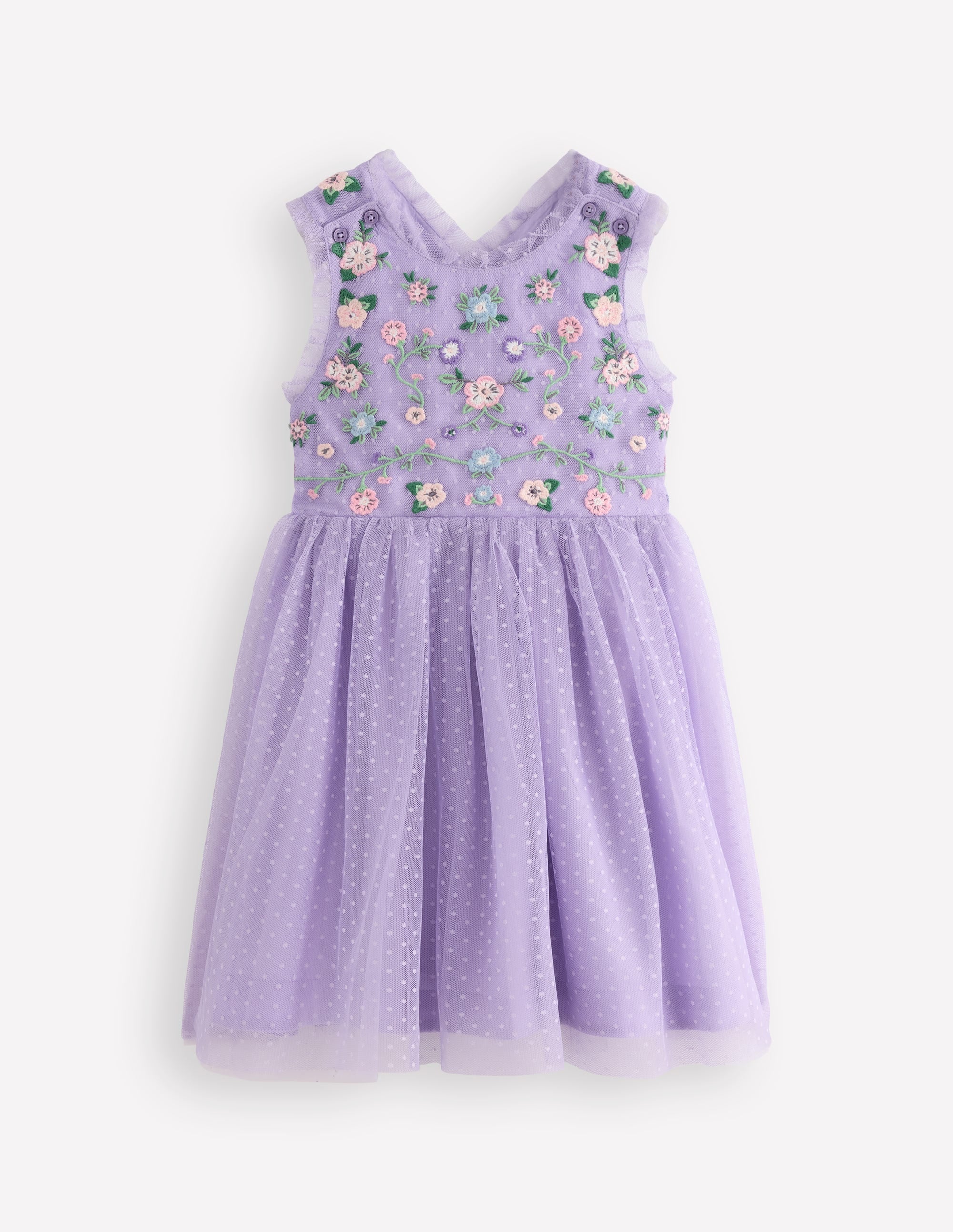 Tulle Cross-Back Dress-Lilac Floral Embroidery