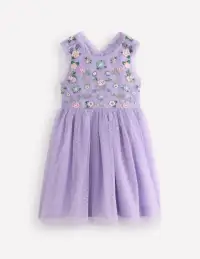 Tulle Cross-Back Dress-Lilac Floral Embroidery