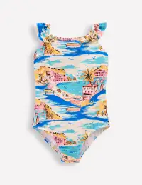 Hallie Frill Strap Swimsuit-Multi Coastal Scene