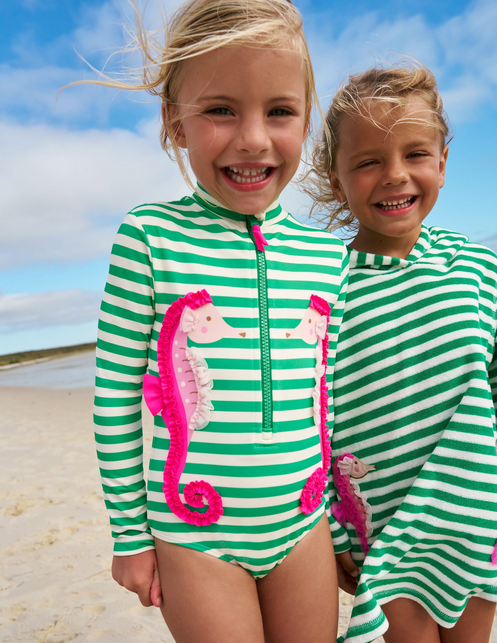 Long Sleeve Swimsuit-Green Seahorse