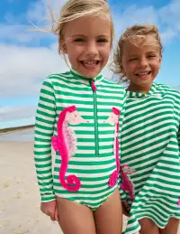 Long Sleeve Swimsuit-Green Seahorse