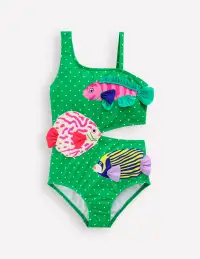 Lettice Cut Out Swimsuit-Bright Green Pin Spot Fish