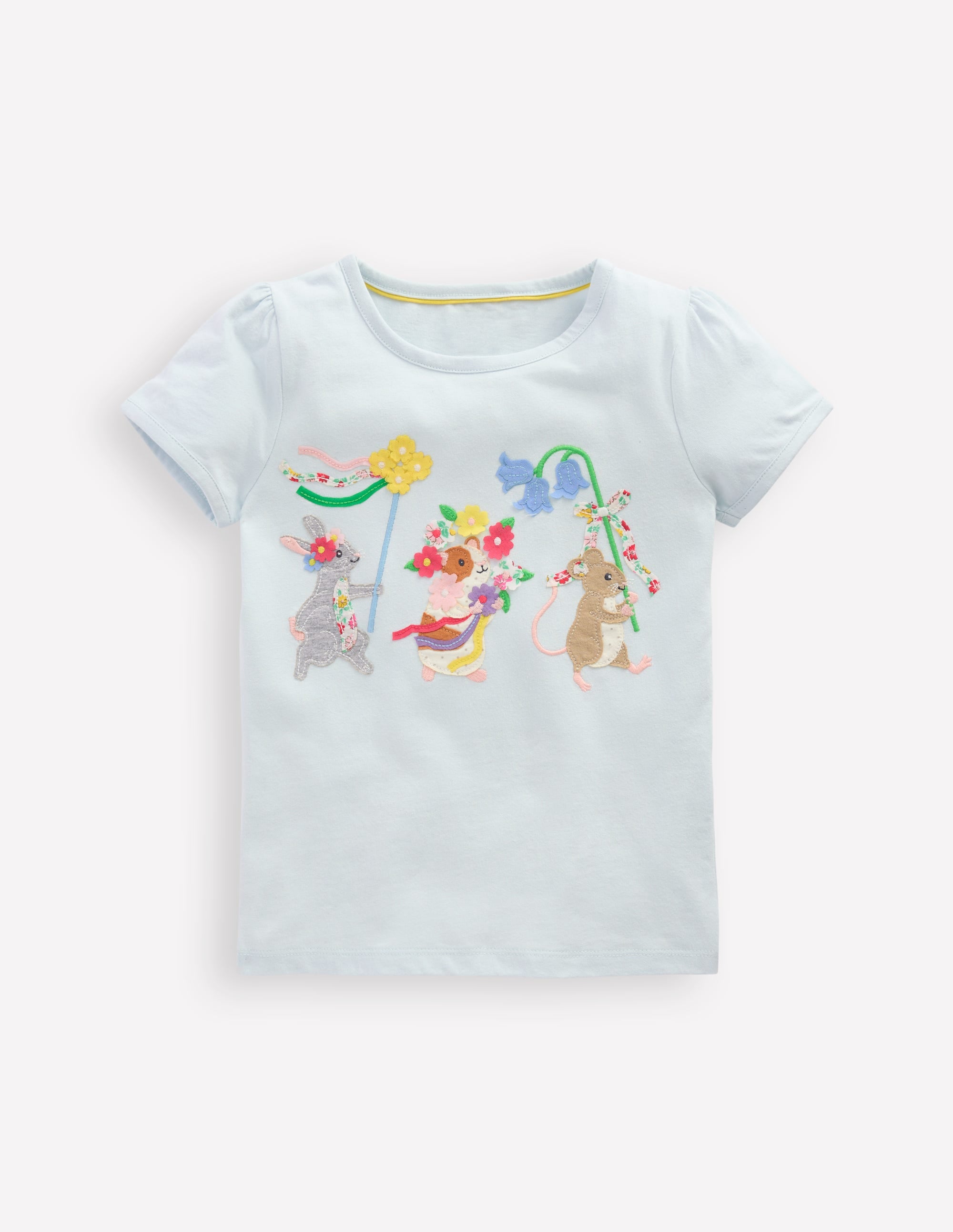 Puff Sleeve Appliqué T-shirt-Cloud Blue Animals