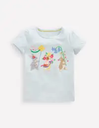 Puff Sleeve Appliqué T-shirt-Cloud Blue Animals