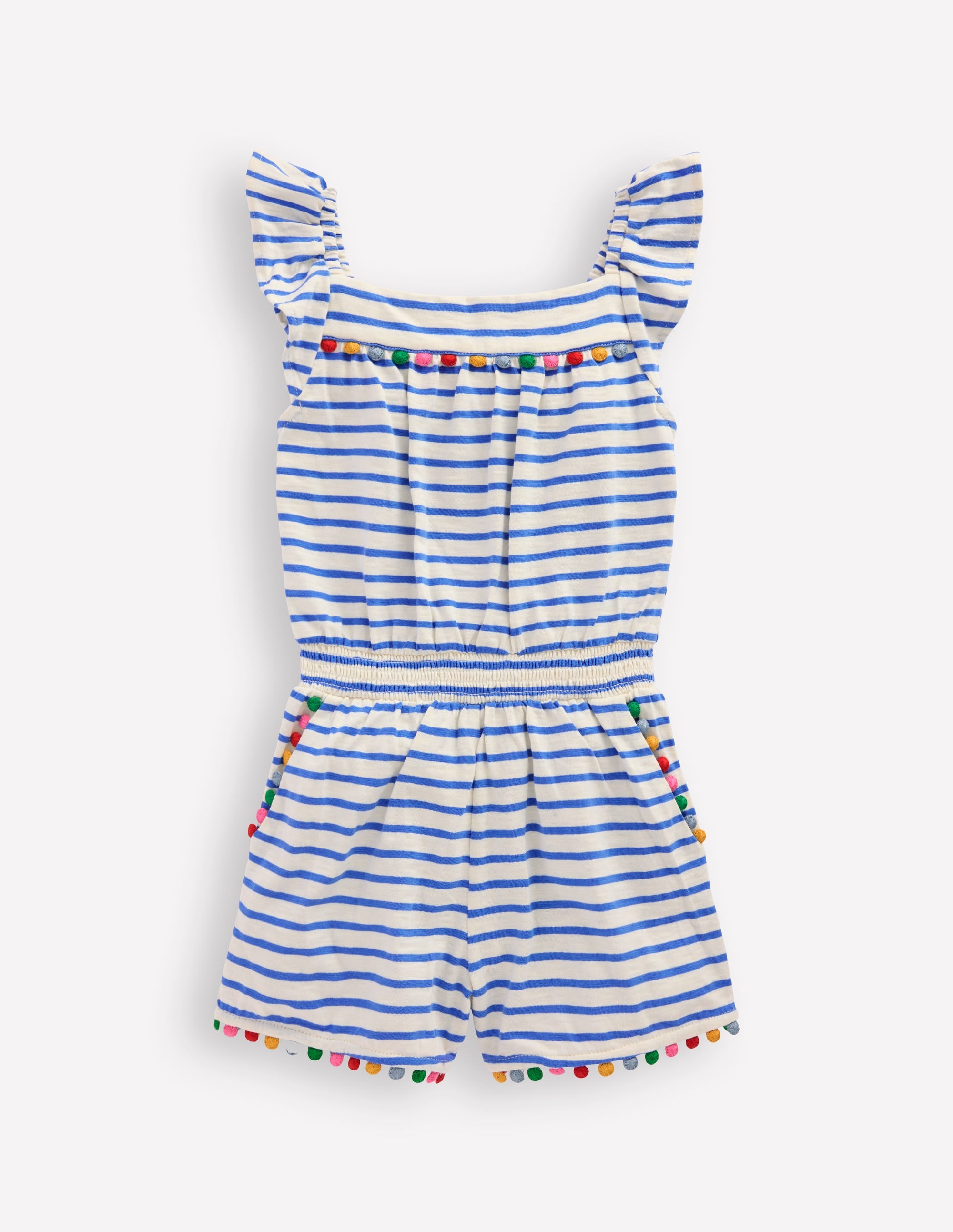 Ciara Pom Trim Jersey Romper-Ivory/ Azure Blue Stripe