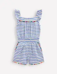 Ciara Pom Trim Jersey Romper-Ivory/ Azure Blue Stripe