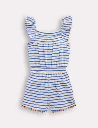 Ciara Pom Trim Jersey Romper-Ivory/ Azure Blue Stripe(2-3y)