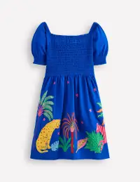 Clare Shirred Appliqué Dress-Blue Safari Animals(2-3y)