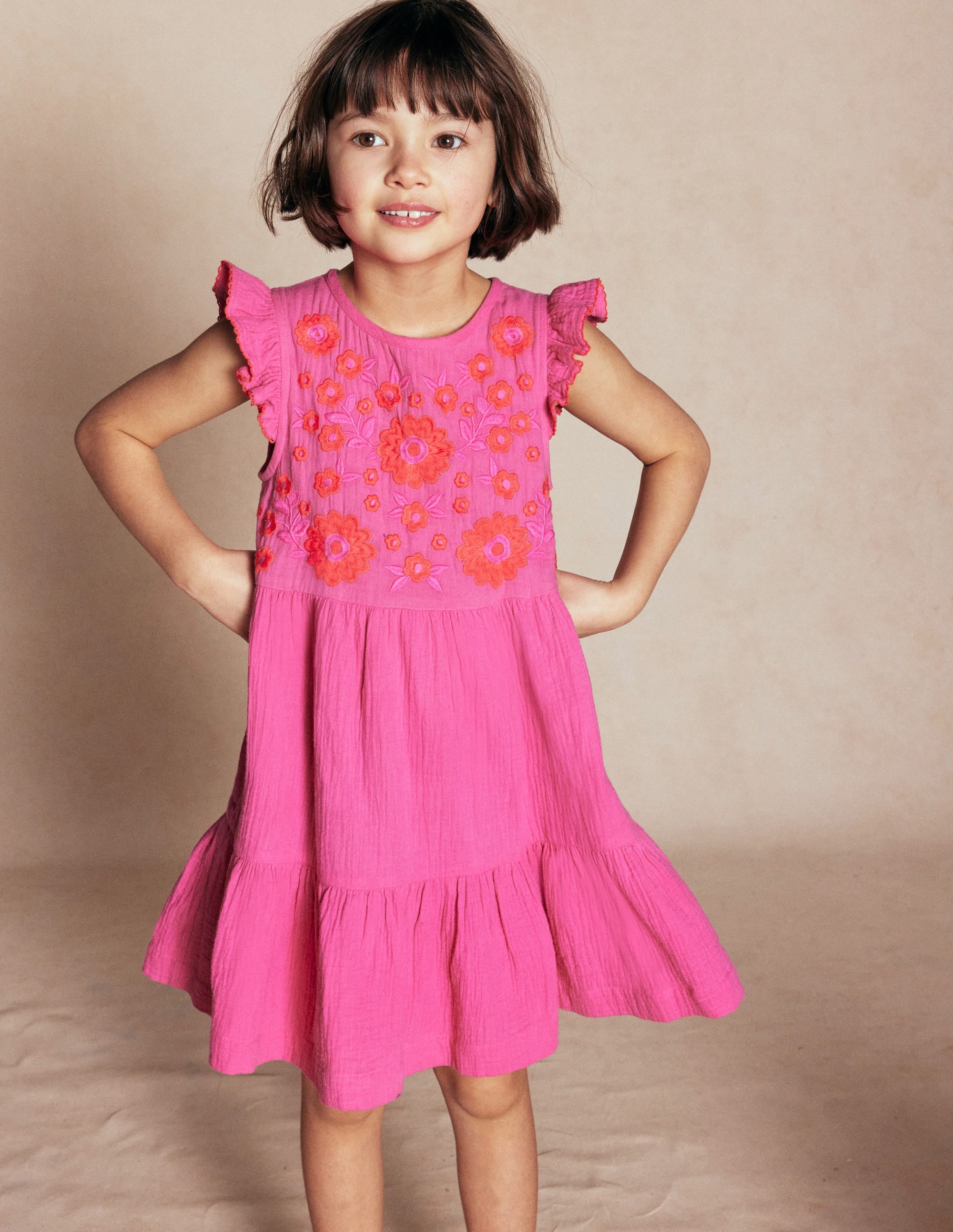 Tiered Doublecloth Dress-Sorbet Pink Embroidered