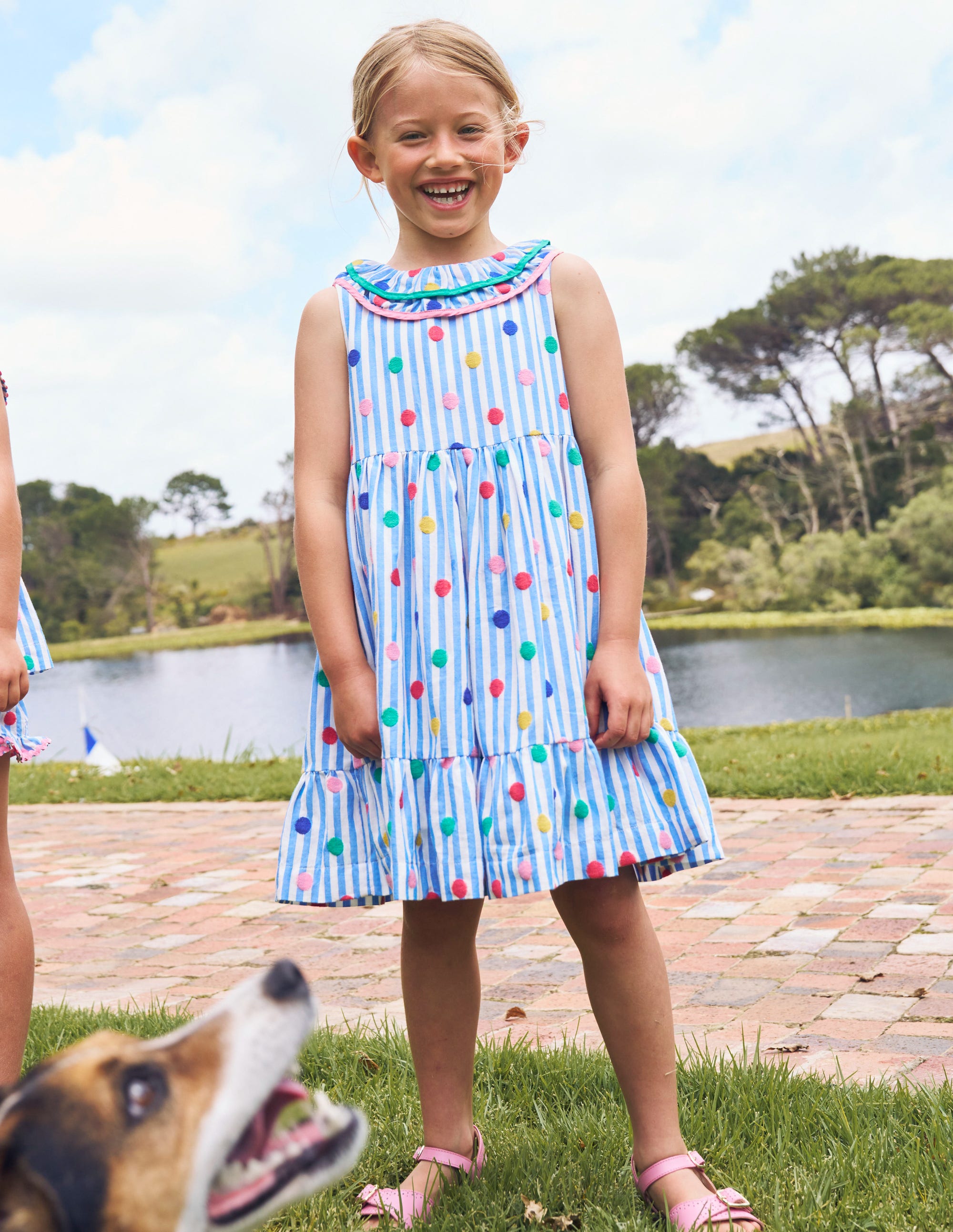 Ruffle Neck Woven Dress-Peacock Plume Blue Spot