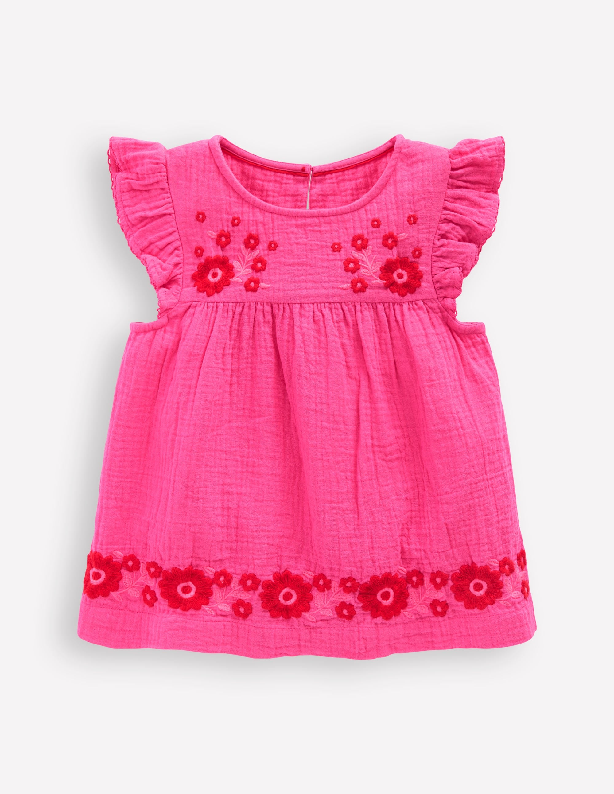 Double Cloth Frill Sleeve Top-Sorbet Pink Embroidered