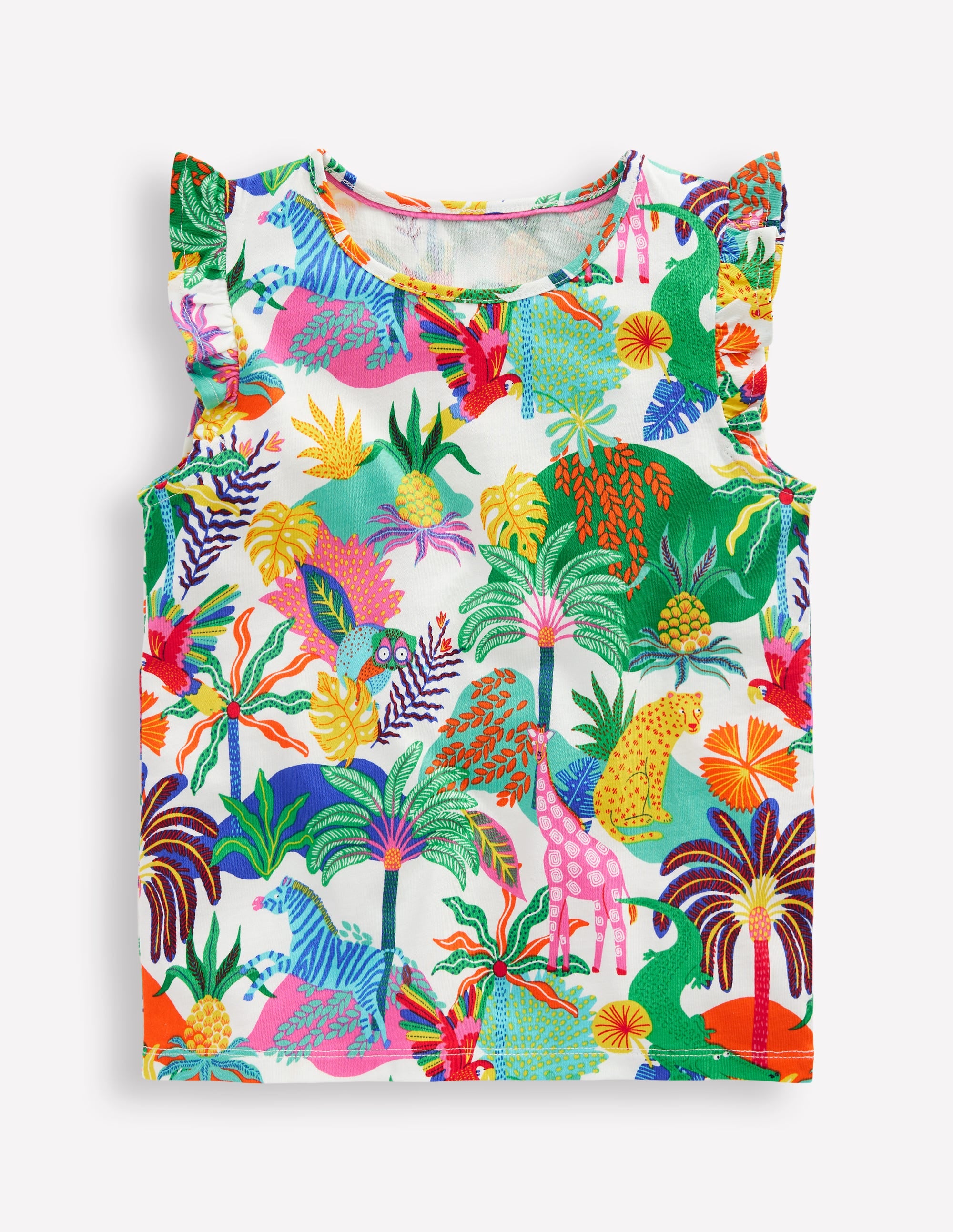 Frill Sleeve Printed Tee-Soft Ivory Multi Jungle