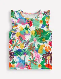 Frill Sleeve Printed Tee-Soft Ivory Multi Jungle
