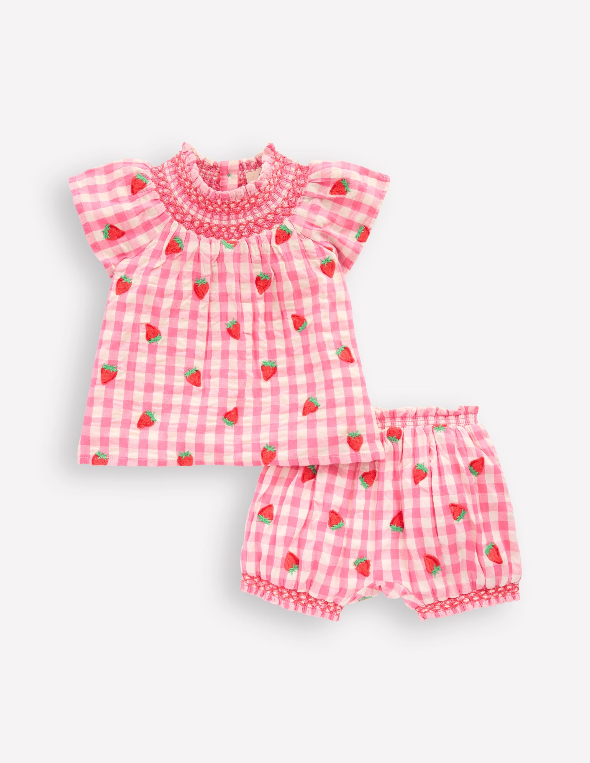 Smocked Play Set-Pink Rose Gingham Strawberries